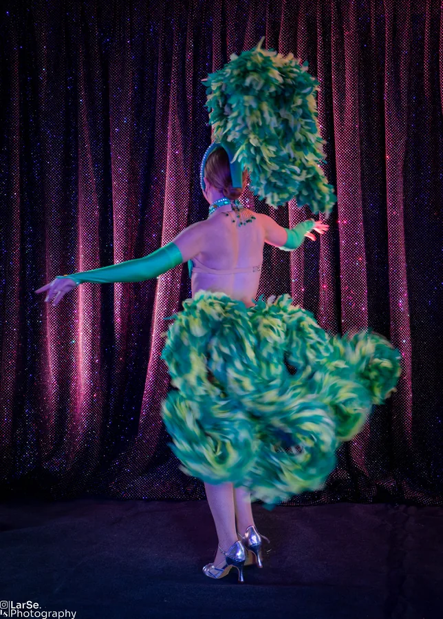Robe de scène verte à plumes